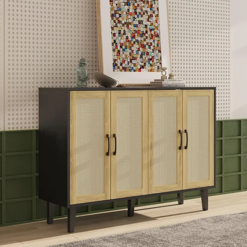 Vista 2 de Armario de almacenamiento con ribete de ratán, aparador de 4 puertas con almacenamiento, armario decorativo con estantes para baño, cafetería, Negro