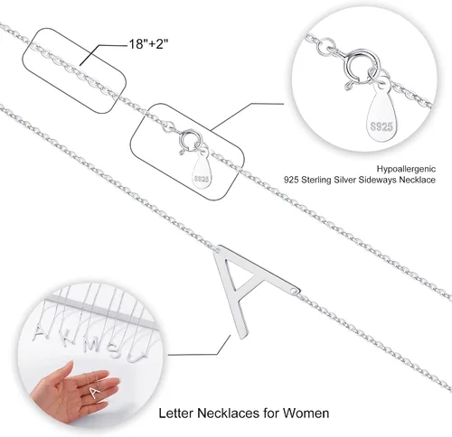 Vista 2 de S925 Sterling Silver Sideways Initial Necklaces for Women, Dainty Hypoallergenic Sterling Silver Letter A-Z Pendant Necklace Silver Sideways Initial