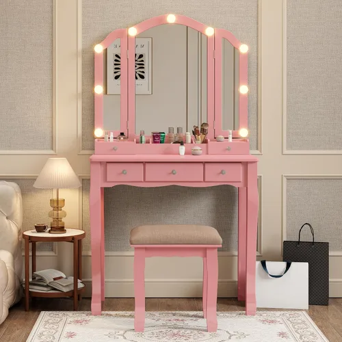 Vista 2 de Tocador de maquillaje rosa para niñas, escritorio con espejo y luces, tocador para niñas con luces, juego de tocador de maquillaje tocadores