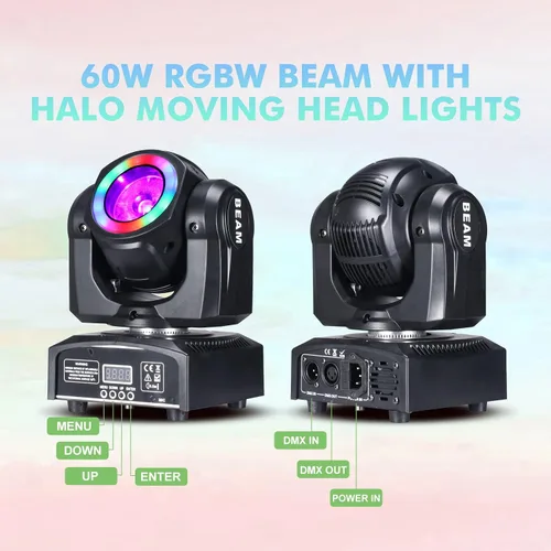 Vista 3 de Luces de cabeza móvil de 60 W, luces LED de escenario, haz RGBW, tira de ciclo de halo para DJ, activación de sonido DMX 512 para eventos, fiestas