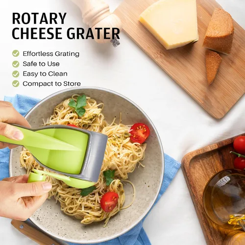 Vista 6 de Rallador de queso con asa, rallador de queso parmesano de cocina con 2 tambores de acero inoxidable, ralladores de queso rotativos de mano
