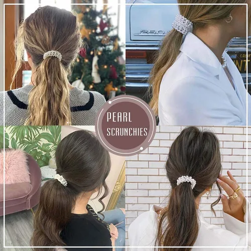 Vista 3 de 3 ligas para el cabello con perlas, color blanco, elásticas para el cabello, bandas elásticas para el cabello, accesorios para el cabello de boda