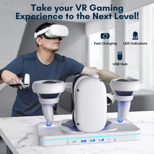 Vista 6 de TNP Base de carga para Oculus Quest 2 Estación de carga de auriculares y controlador de realidad virtual con luz RGB y 3 puertos USB 2.0 Cable