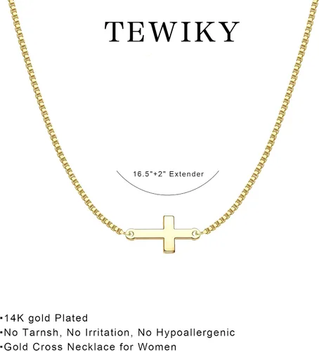 Vista 5 de Tewiky Dainty Cross Necklace for Women, 14K Gold Plated Simple Cross Choker Necklaces Small Cross Pendant Tiny Cute Necklaces Handmade Aesthetic