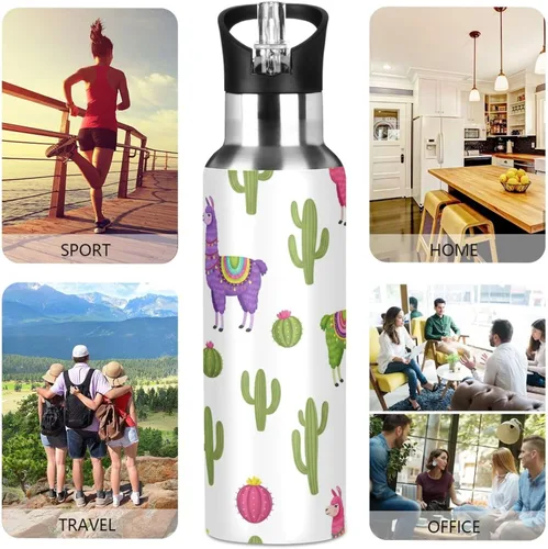 Vista 5 de Insulated Stainless Steel Water Bottle with Straw 20 Oz, Leakproof Water Bottles for Gym Outdoor Travel School, Colorful Llamas Cactus Cute