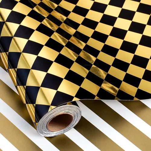 Vista 15 de Homeral Rollo de Papel de Regalo con Bandera a Cuadros - Diamante y Rayas en Blanco y Negro, Papel de Regalo Reversible de Carro de Carreras