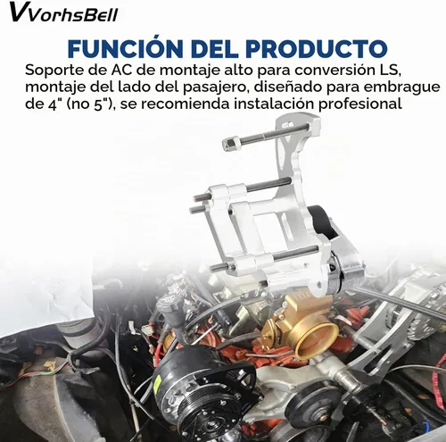 Vista 6 de Kit de Soporte de Compresor AC R4 de Intercambio LS con Tensor Compatible con LSX, LS2 LS3 LS6 LQ4 LQ9 L92 L99 Camiones/SUV Vortec GM R4 Compresor