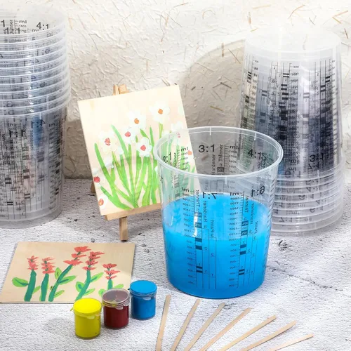 Vista 5 de 24 tazas medidoras de pintura de 64 onzas, 60.9 fl oz, tazas mezcladoras con graduados y 20 varillas de mezcla de pintura de plástico desechable