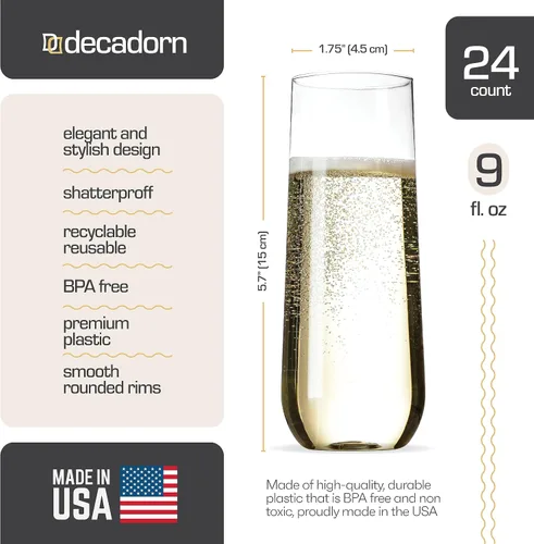 Vista 3 de DECADORN Copas de champán transparentes sin tallo de plástico, 24 unidades, copas de champán de plástico de 9 onzas, vasos de mimosa duraderos