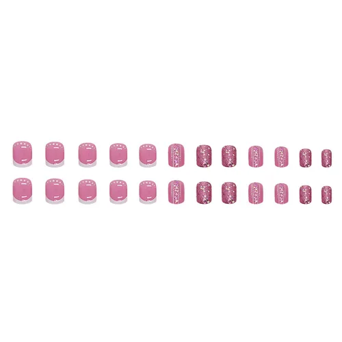 Vista 2 de Uñas postizas cortas cuadradas, acrílicas artificiales de color rosa rosa con diseño de lentejuelas coloridas, cobertura completa, reutilizables