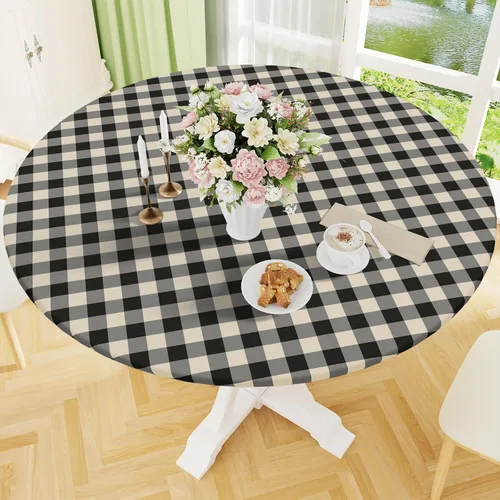 Vista 24 de Smiry - Mantel redondo de picnic de vinilo elástico impermeable con respaldo de franela, mantel de vinilo ajustable para mesas de 31-35 pulgadas