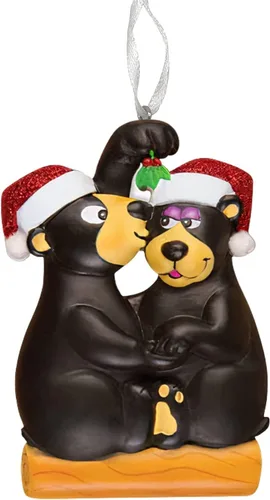 Vista 3 de Adorno personalizado de oso negro para pareja, besándose bajo el muérdago, árbol de Navidad, boda, familia, decoración personalizada con purpurina