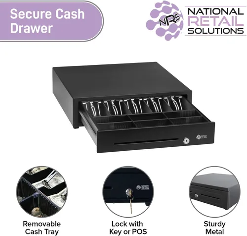 Vista 4 de NRS POS Cajón de caja registradora, cajón de metal resistente para pequeñas empresas con bandeja extraíble, automático o bloqueo de llave (negro)
