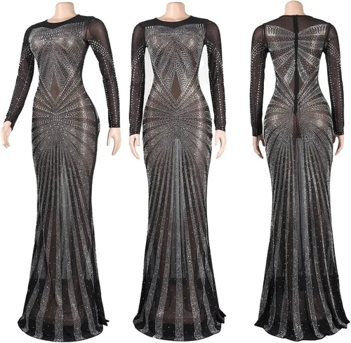 Vista 5 de PORRCEY Vestido sexy de perforación en caliente para mujer, con diamantes de imitación, ajustado, para fiesta, club, salida nocturna, ropa de club