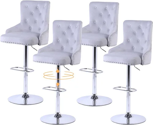 Vista 7 de Juego de 2 taburetes de bar de terciopelo modernos color gris, sillas de bar giratorias de altura ajustable, cómodos taburetes de bar con respaldo