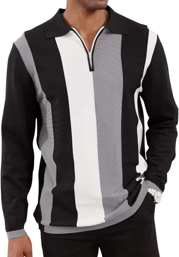 Vista 8 de Camisas polo de moda para hombre, camisas de punto vintage a rayas, camisas de golf casuales ajustadas