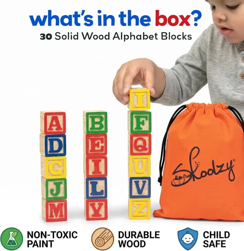 Vista 14 de 30 bloques con letras de colores de Skoolzy Juguete de construcción en madera ABC, para bebés, guarderías y preescolar Bloques de madera de lectura