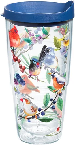 Vista 13 de Taza aislada Tervis Watercolor Songbirds de doble pared hecha en Estados Unidos mantiene las bebidas frías y calientes, 16 onzas, transparente