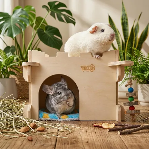 Vista 7 de Casa Castillo YKD para Chinchilla, Escondite de Animales Pequeños para Chinchilla, Conejo, Erizo o Ratón, Hábitat Ventilado de Madera para Conejo