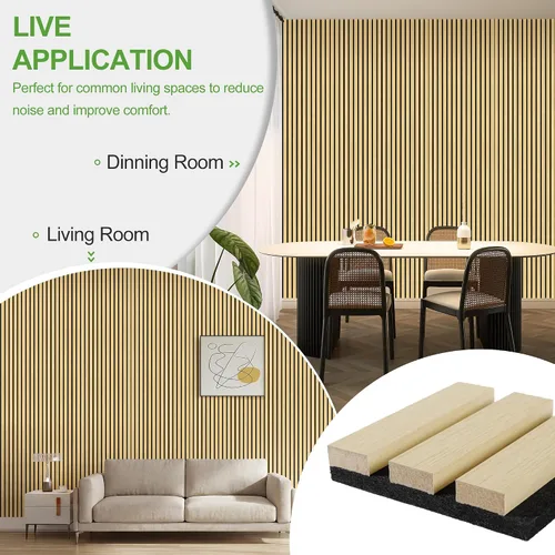 Vista 5 de Paquete de 2 paneles de madera para pared, paneles acústicos de listones de madera de 48 x 24 pulgadas, paneles acústicos para decoración de paredes