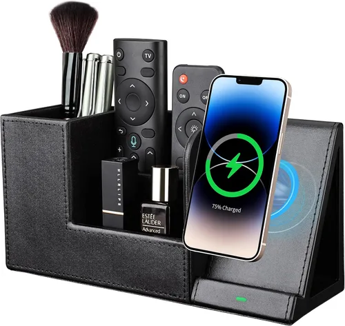 Vista 2 de Organizador de escritorio de cuero PU con soporte de estación de carga inalámbrica para iPhone 10W, soporte rectangular para caja de pañuelos negro