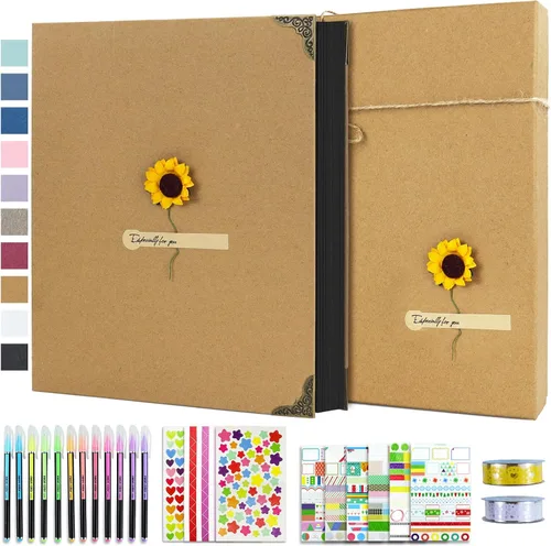 Vista 16 de Vienrose Kit de álbum de fotos de bricolaje con bolígrafos, cintas y calcomanías, 60 páginas, tapa dura de 8.5 x 11 pulgadas, 3 anillos, papel negro