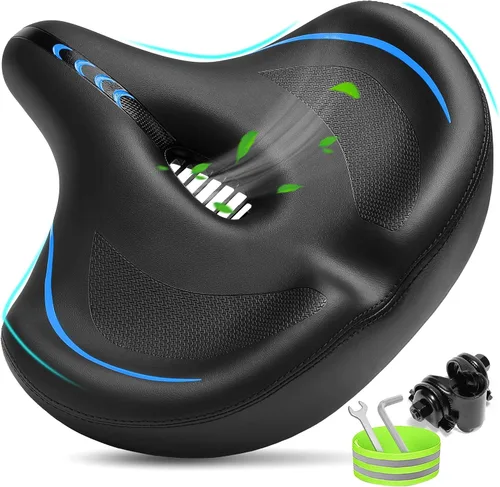 Vista 10 de CDYWD Asiento de bicicleta de gran tamaño para hombres y mujeres, cojín de asiento de bicicleta extra ancho, cómodo acolchado suave, asiento de Azul