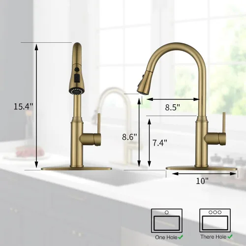 Vista 2 de Grifo de cocina dorado con rociador, grifo de fregadero de cocina de una sola manija con rociador extraíble, bronce champán, Arofa Pull down, 360°