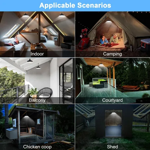 Vista 9 de Luces colgantes solares para exteriores, luz solar para cobertizo con panel ajustable de 360°, iluminación regulable con control remoto, cable