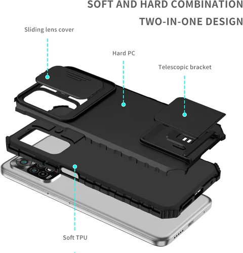 Vista 9 de Asuwish Funda de teléfono para Xiaomi Redmi Note 11S/11 4G con protector de pantalla de vidrio templado y cubierta de cámara deslizante Soporte Negro