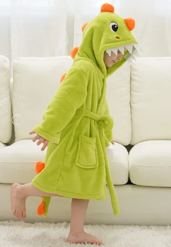 Vista 2 de Bata de baño para niños y niñas, diseño de dinosaurio de dibujos animados con cola y capucha