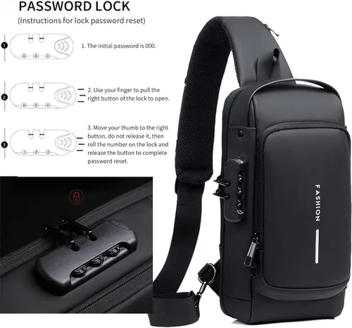 Vista 4 de Mochila bandolera antirrobo, mochila cruzada de un hombro con puerto de carga USB, viajes, senderismo, mochila casual, Negro 2, talla única