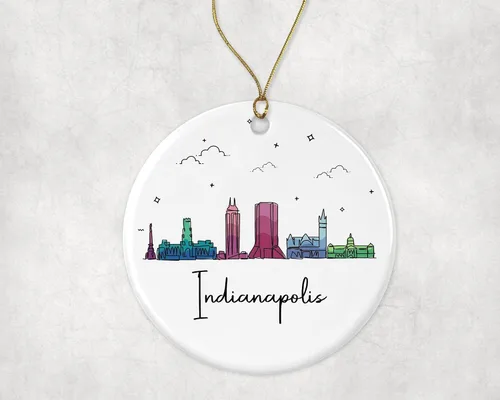 Vista 3 de Adorno de la ciudad de Indianápolis, adorno de Navidad de la ciudad de Indianápolis, adorno de Navidad de puntos de interés, gráfico colorido