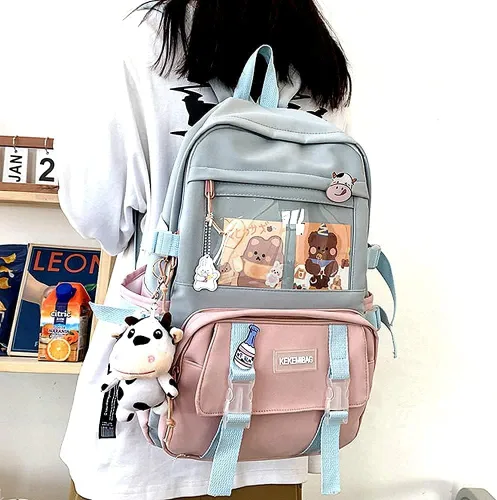 Vista 5 de Mochila Kawaii con bonitos alfileres y colgante de felpa para adolescentes niñas escuela gran capacidad impermeable mochila escolar Rosa-1