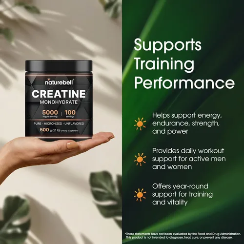 Vista 4 de NatureBell Polvo de Monohidrato de Creatina Instantáneo 500 Gramos, 5000mg Por Porción, Polvo de Creatina Micronizado Sin Sabor - Pre Entrenamiento