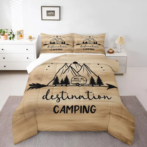 Vista 10 de Juego de ropa de cama con temática de cámper, juego de edredón de cabaña de madera marrón y verde, tamaño matrimonial, 3 piezas, decoración de Multi
