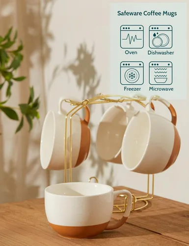 Vista 3 de Teocera Juego de 4 tazas de café color beige, taza de café de cerámica de 16 onzas, juego de tazas grandes con asa para bebidas frías o calientes