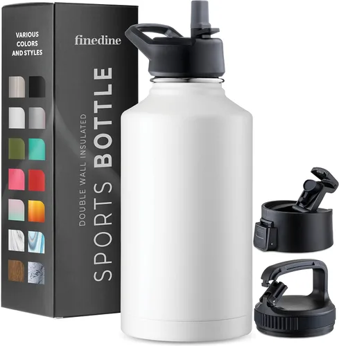 Vista 26 de FineDine Botellas de agua aisladas de triple pared con popote, botella de metal de acero inoxidable de 25 onzas con 3 tapas a prueba de fugas