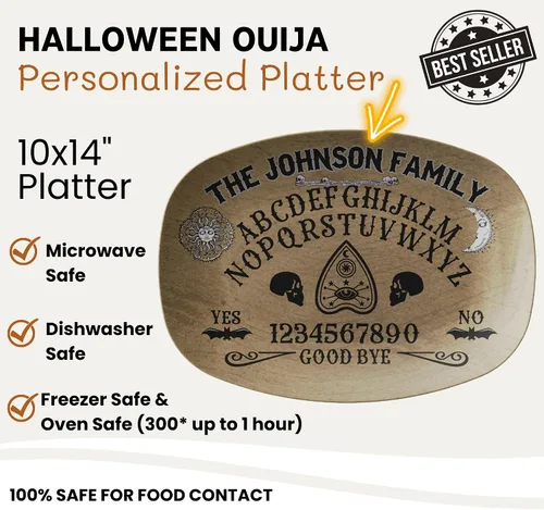 Vista 3 de Ouija Board Spirit Board Planchette Personalized Platter, Sun Moon Skull Bats Evil Eye Halloween Platter For Serving Food, Halloween Party Platter