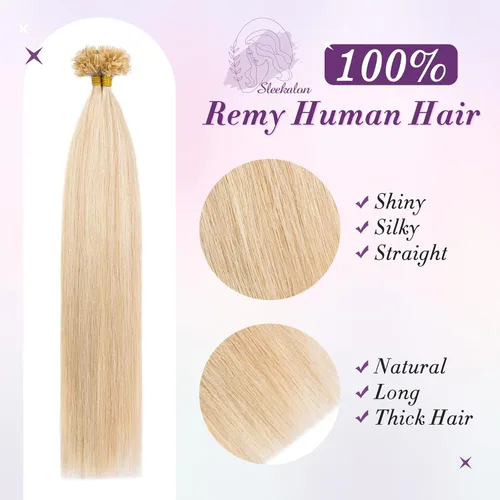 Vista 3 de Extensiones de cabello humano real con punta en U, color rubio ceniza y rubio decolorado, extensiones de cabello de fusión caliente, extensiones
