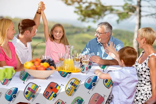 Vista 2 de DPLin Mantel de camping impermeable reutilizable para mesa de pícnic, mantel Happy Camper, manta de picnic al aire libre