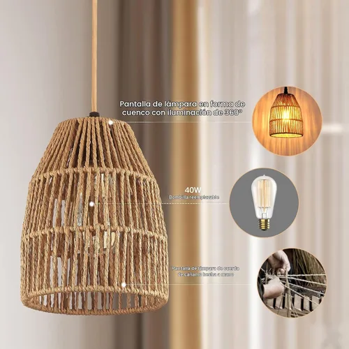 Vista 3 de Lámpara colgante enchufable, luces colgantes con cable de algodón dorado de 15 pies e interruptor de atenuación continuo, pantalla de cuerda
