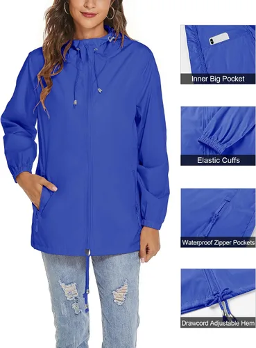 Vista 3 de Avoogue Chaqueta impermeable para mujer, ligera, transpirable, con capucha, rompevientos activos con bolsillo