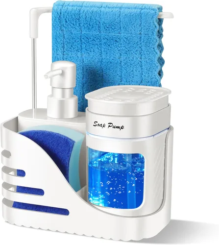 Vista 7 de Set de dispensador de jabón de cocina, dispensador doble de jabón para manos y platos 4-en-1 con soporte de esponja y soporte de paño para fregadero