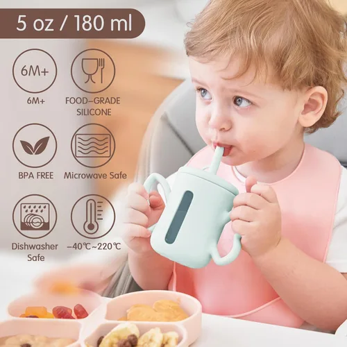 Vista 4 de Dommy Taza de entrenamiento de silicona con tapa de popote para bebés de 6 meses y 12 a 18 meses, taza para beber agua para bebés de 6 meses