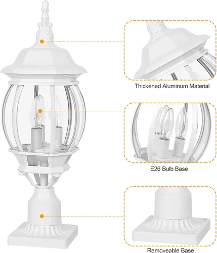 Vista 8 de Krychilier - Poste de lámpara para exteriores, montaje en muelle de 3 luces, montaje de poste tradicional con acabado blanco, farol blanco exterior