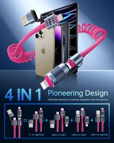 Vista 2 de Cable USB C en espiral 4 en 1 para automóvil de 5 pies [carga rápida de 60 W] compatible con cable Lightning [CarPlay y Android Auto] Combo de cable
