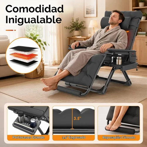 Vista 7 de Slendor Heated Oversized Zero Gravity Chairs 33In, XXL Lounge Chair, Black Negro