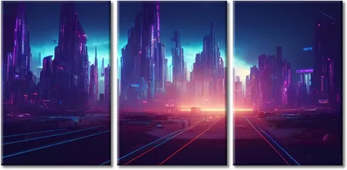 Vista 9 de Cuadros de 3 paneles de Cyberpunk City - Arte de pared de vallas publicitarias de edificios modernos en la capital con obras de arte modernas
