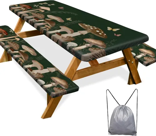 Vista 15 de Funda de mesa de picnic con fundas para bancos Esenciales de camping Mantel de picnic impermeable y a prueba de viento con bolsa de cordón, funda